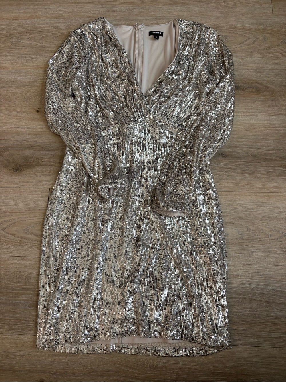 Express Gold Sequin V-Neck Long Sleeve Dress